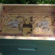 from the top of the hive, you see the baggie feeders and hive entrance through the screened inner cover